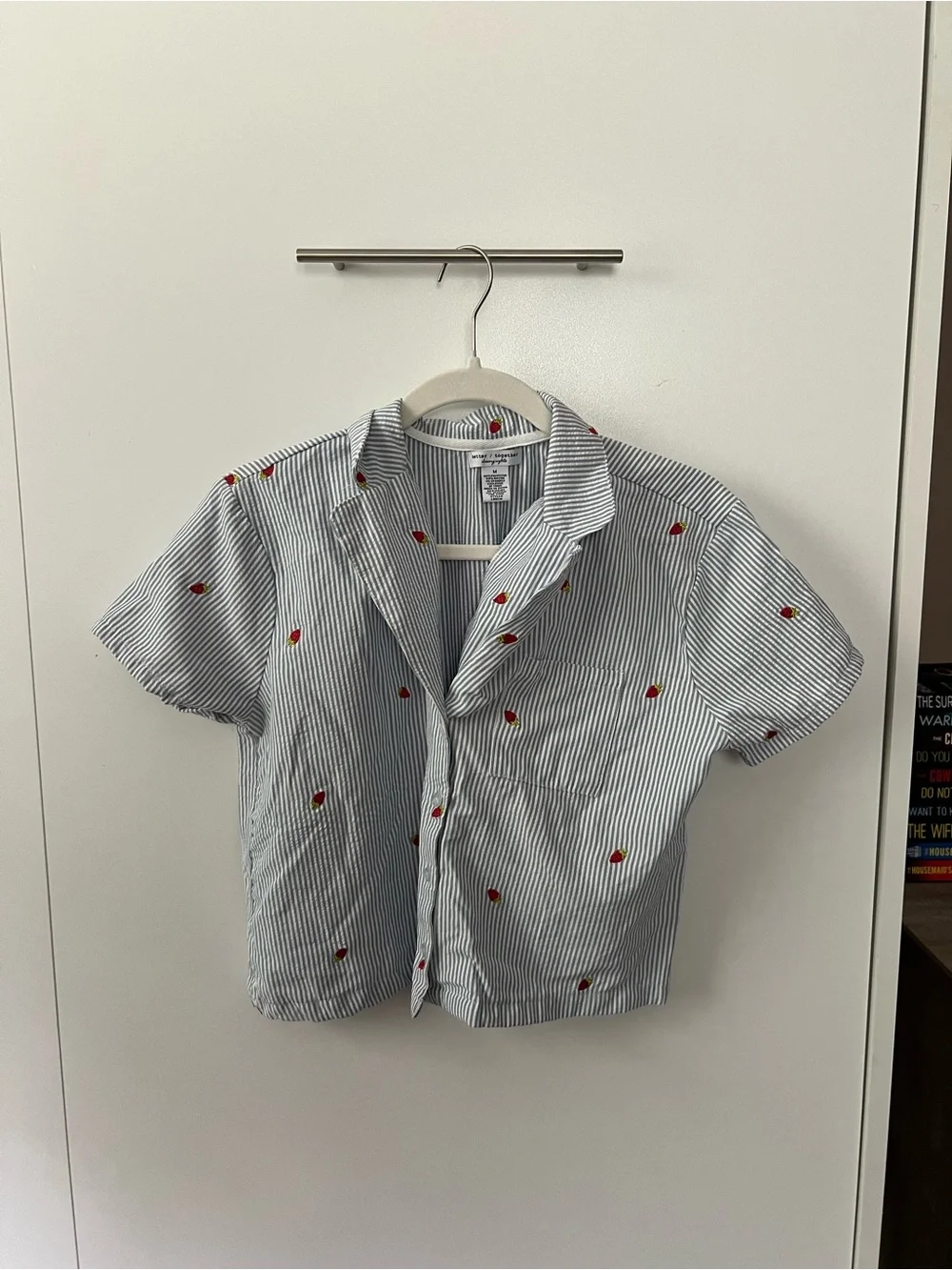T.J.Maxx Blue Striped Short Sleeve Shirt & Shorts Set with Red Strawberry Motif